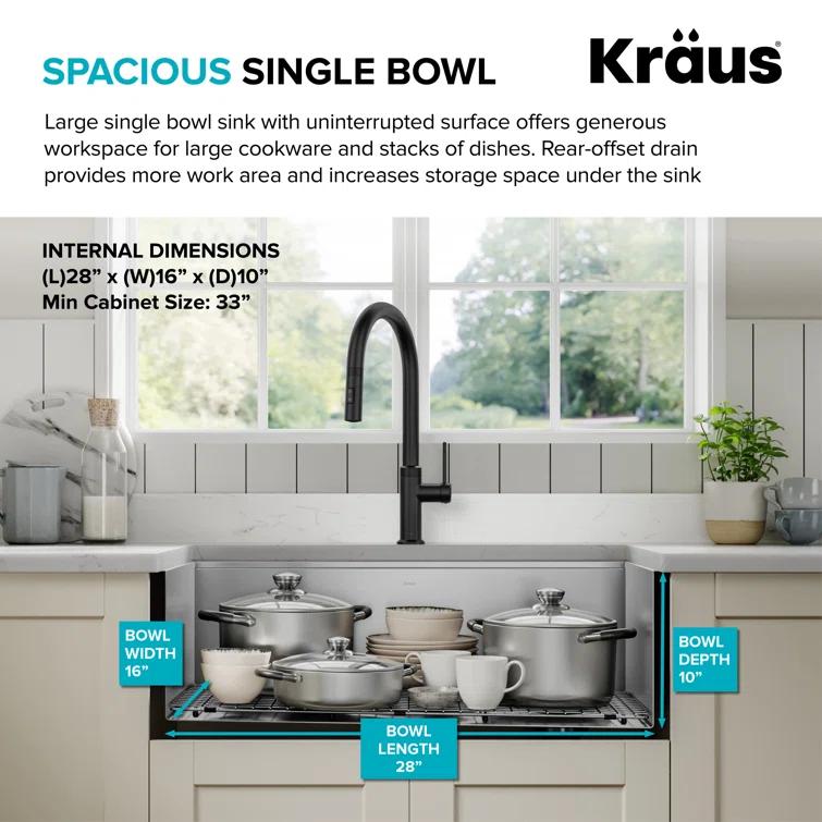 KRAUS Kore™ Workstation 30-inch L 16 Gauge Stainless Steel Single Bowl Farmhouse Kitchen Sink with Accessories