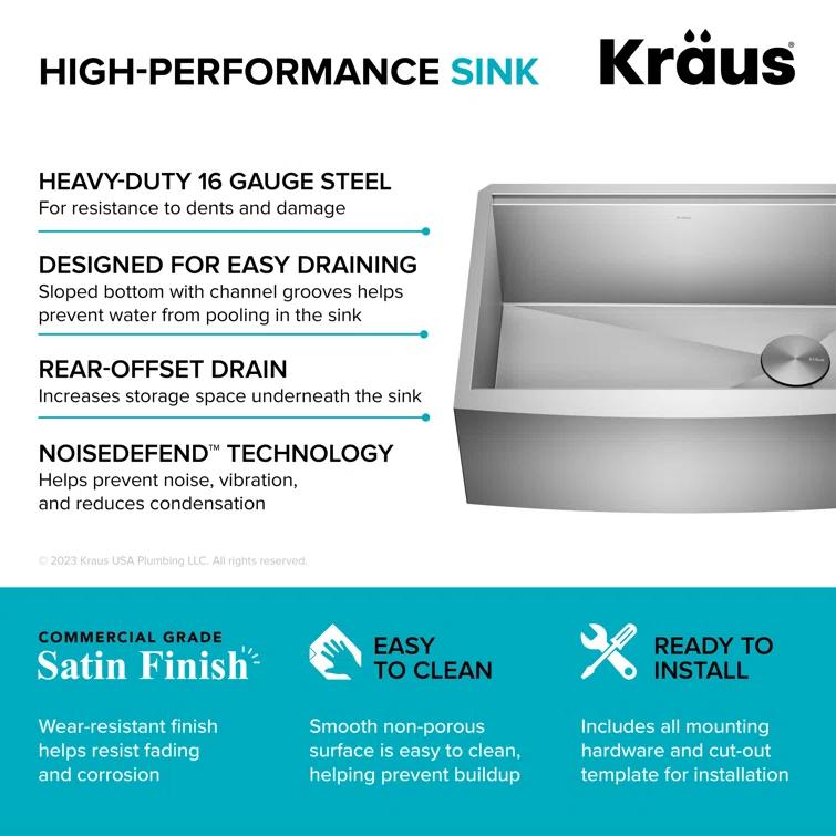 KRAUS Kore™ 27" L Farmhouse Apron Front Workstation 16 Gauge Stainless Steel Single Bowl Kitchen Sink with Accessories