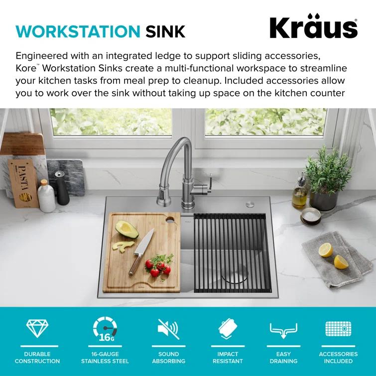KRAUS Kore Drop-In Workstation 16 Gauge Stainless Steel Single Bowl Kitchen Sink with Accessories