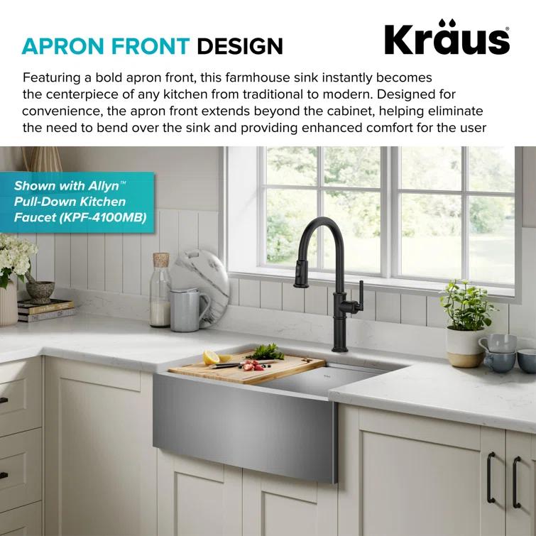 KRAUS Kore™ 27" L Farmhouse Apron Front Workstation 16 Gauge Stainless Steel Single Bowl Kitchen Sink with Accessories