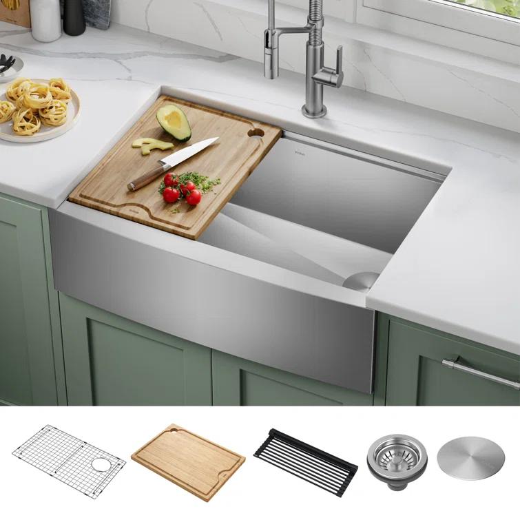 KRAUS Kore™ Workstation 30-inch L 16 Gauge Stainless Steel Single Bowl Farmhouse Kitchen Sink with Accessories
