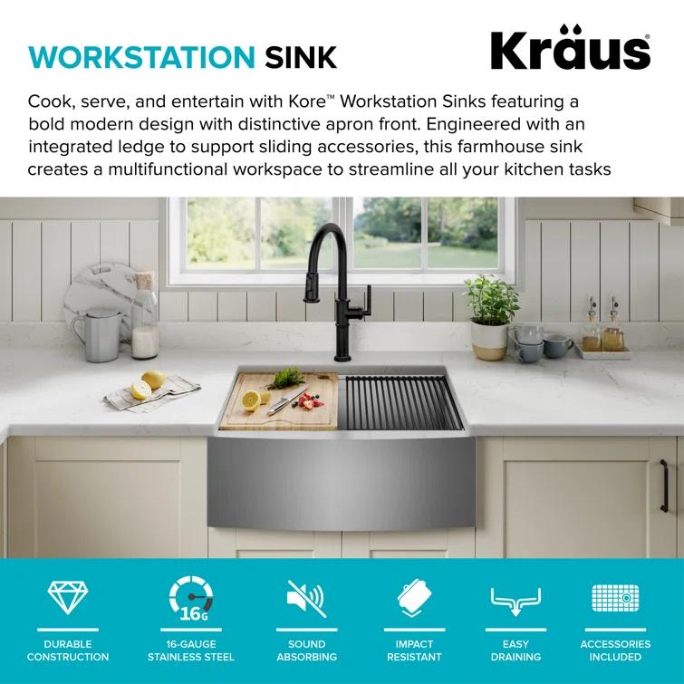 KRAUS Kore™ 27" L Farmhouse Apron Front Workstation 16 Gauge Stainless Steel Single Bowl Kitchen Sink with Accessories
