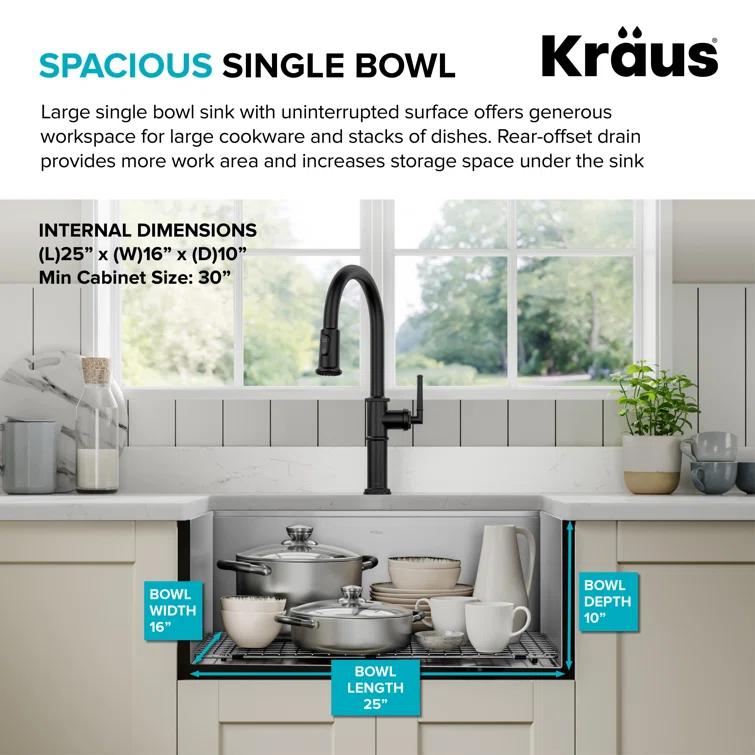 KRAUS Kore™ 27" L Farmhouse Apron Front Workstation 16 Gauge Stainless Steel Single Bowl Kitchen Sink with Accessories