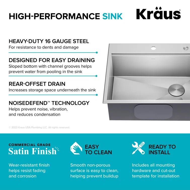 Kraus KWT311-25 KRAUS Kore™ Workstation 25-inch L Drop-In 16 Gauge Single Bowl Stainless Steel Kitchen Sink with Accessories