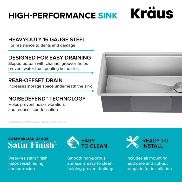 KRAUS® Kore 32" Undermount Workstation 16 Gauge Single Bowl Stainless Steel Kitchen Sink with Accessories