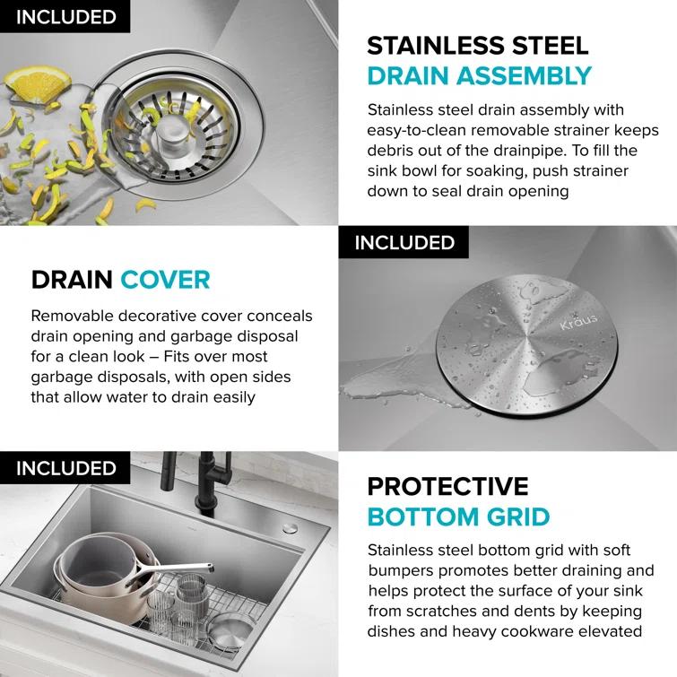 Kraus KWT311-25 KRAUS Kore™ Workstation 25-inch L Drop-In 16 Gauge Single Bowl Stainless Steel Kitchen Sink with Accessories