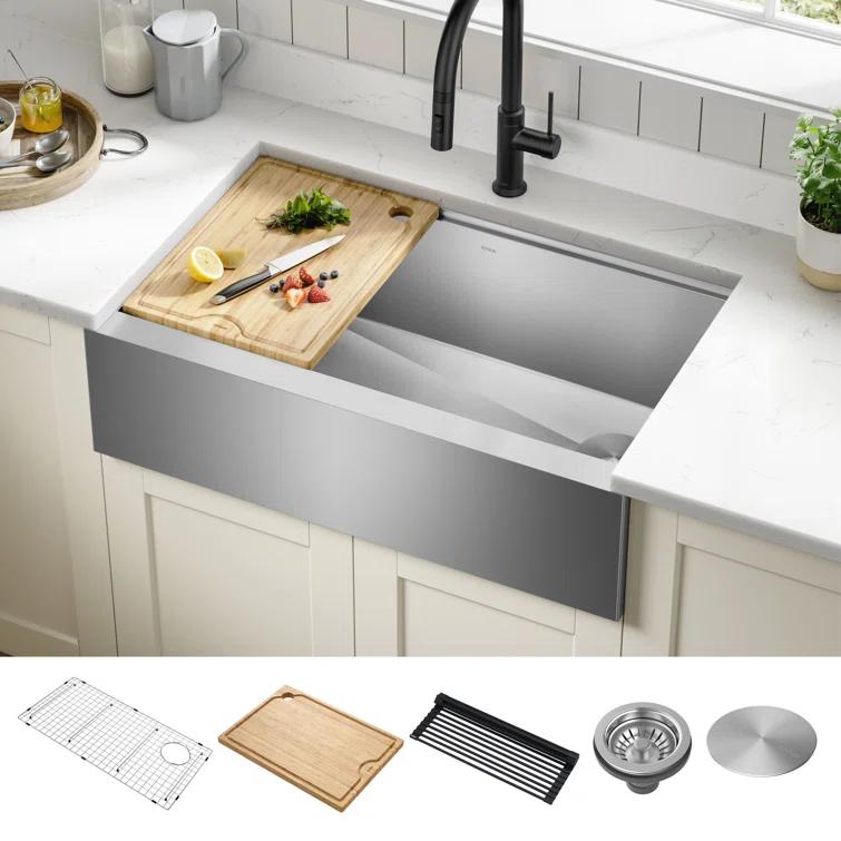 KRAUS® Kore Modern Farmhouse Workstation 16 Gauge Single Bowl Stainless Steel Kitchen Sink with Accessories