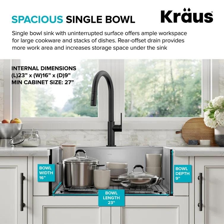 Kraus KWT311-25 KRAUS Kore™ Workstation 25-inch L Drop-In 16 Gauge Single Bowl Stainless Steel Kitchen Sink with Accessories