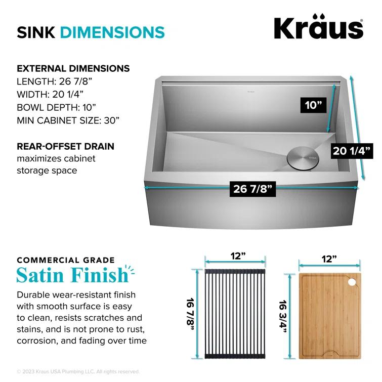 KRAUS Kore™ 27" L Farmhouse Apron Front Workstation 16 Gauge Stainless Steel Single Bowl Kitchen Sink with Accessories