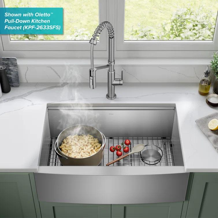 KRAUS Kore™ Workstation 30-inch L 16 Gauge Stainless Steel Single Bowl Farmhouse Kitchen Sink with Accessories