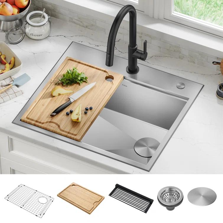 Kraus KWT311-25 KRAUS Kore™ Workstation 25-inch L Drop-In 16 Gauge Single Bowl Stainless Steel Kitchen Sink with Accessories