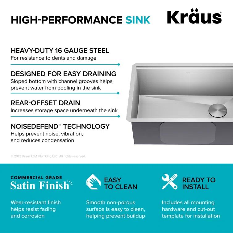 KRAUS Kore™ Workstation 27-inch L Undermount 16 Gauge Single Bowl Stainless Steel Kitchen Sink with Accessories