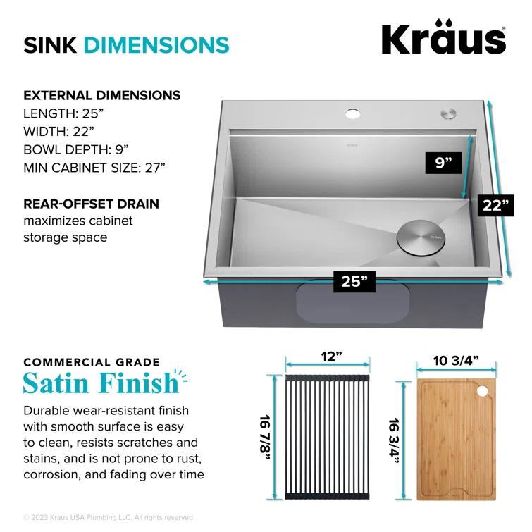 Kraus KWT311-25 KRAUS Kore™ Workstation 25-inch L Drop-In 16 Gauge Single Bowl Stainless Steel Kitchen Sink with Accessories
