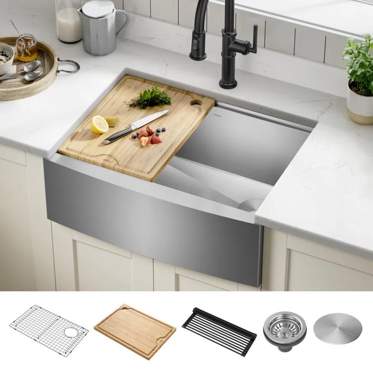 KRAUS Kore™ 27" L Farmhouse Apron Front Workstation 16 Gauge Stainless Steel Single Bowl Kitchen Sink with Accessories