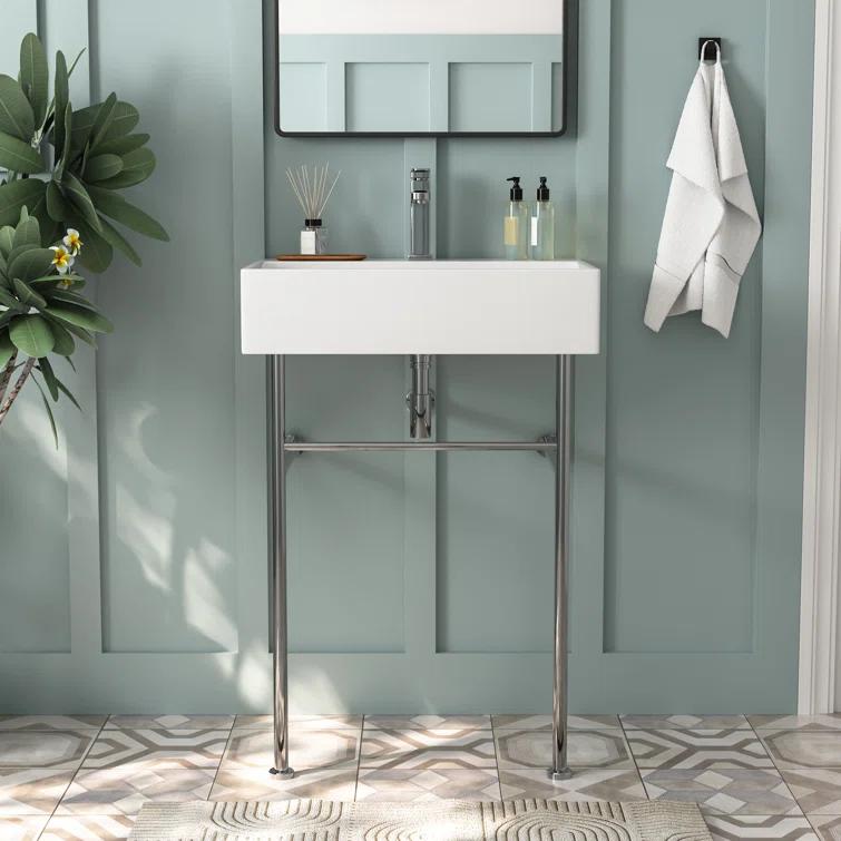 Ceramic White Rectangular Single Faucet Hole 24 in Console Bathroom Sink with Overflow