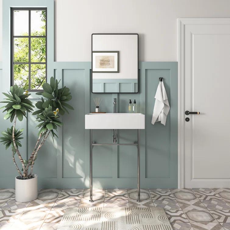 Ceramic White Rectangular Single Faucet Hole 24 in Console Bathroom Sink with Overflow