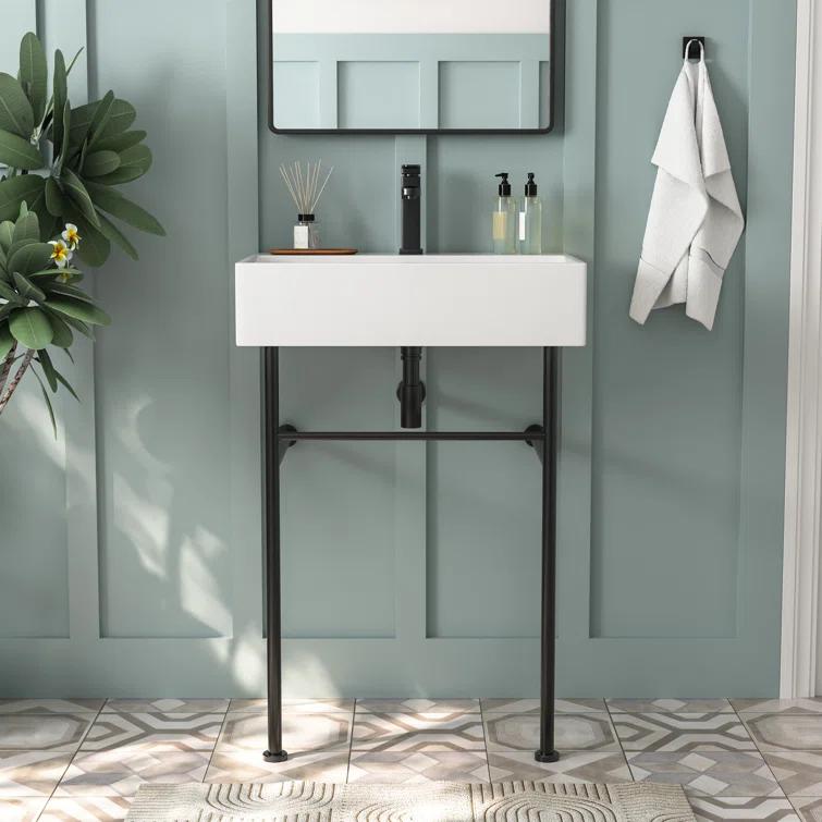 Ceramic White Rectangular Single Faucet Hole 24 in Console Bathroom Sink with Overflow