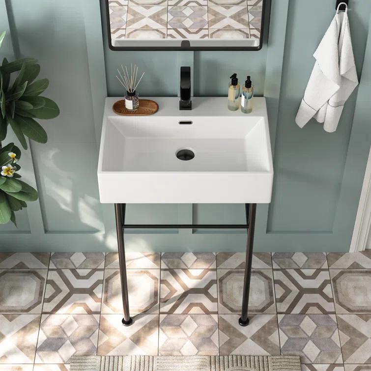 Ceramic White Rectangular Single Faucet Hole 24 in Console Bathroom Sink with Overflow