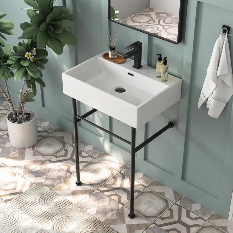 Ceramic White Rectangular Single Faucet Hole 24 in Console Bathroom Sink with Overflow