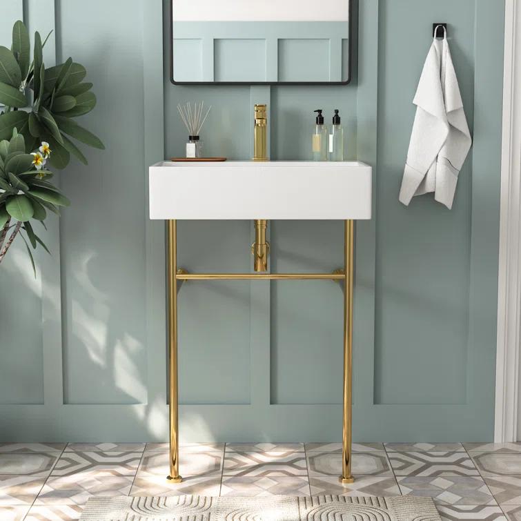 Ceramic White Rectangular Single Faucet Hole 24 in Console Bathroom Sink with Overflow