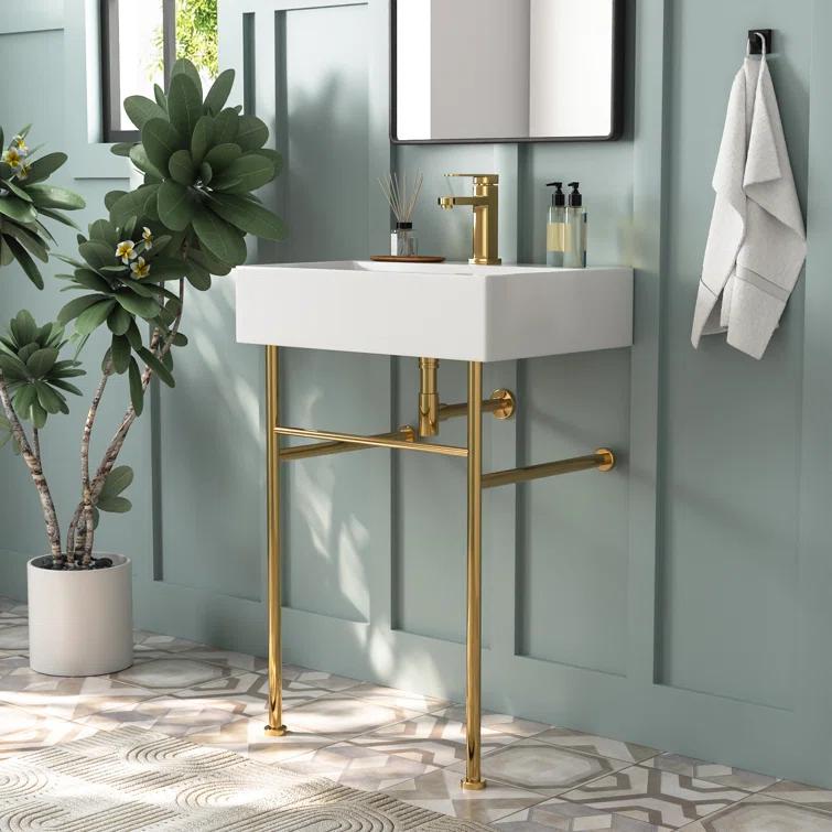 Ceramic White Rectangular Single Faucet Hole 24 in Console Bathroom Sink with Overflow