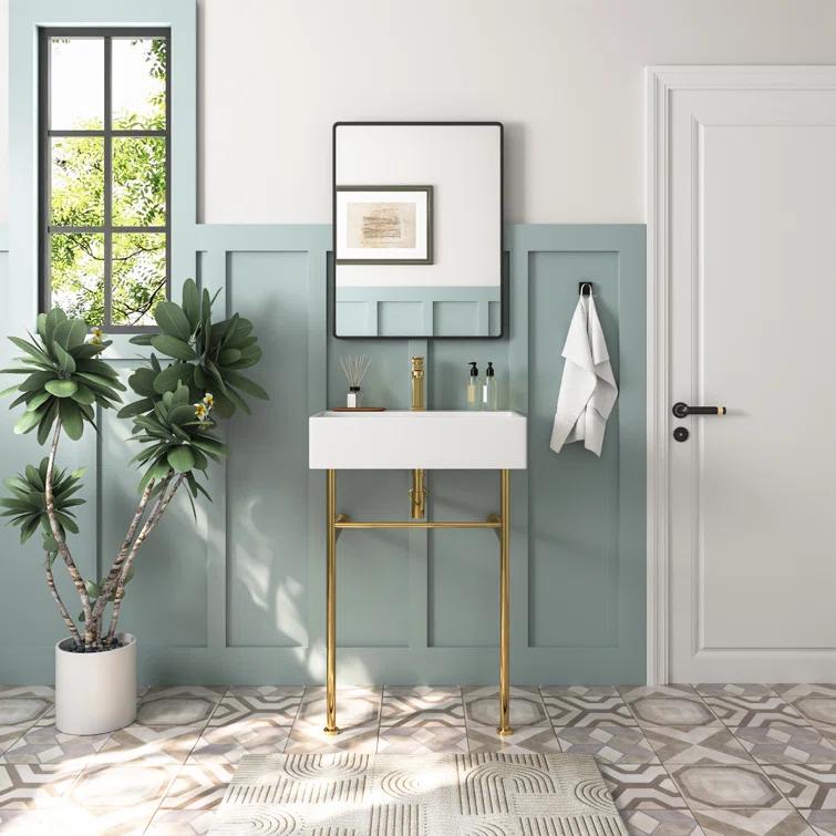 Ceramic White Rectangular Single Faucet Hole 24 in Console Bathroom Sink with Overflow
