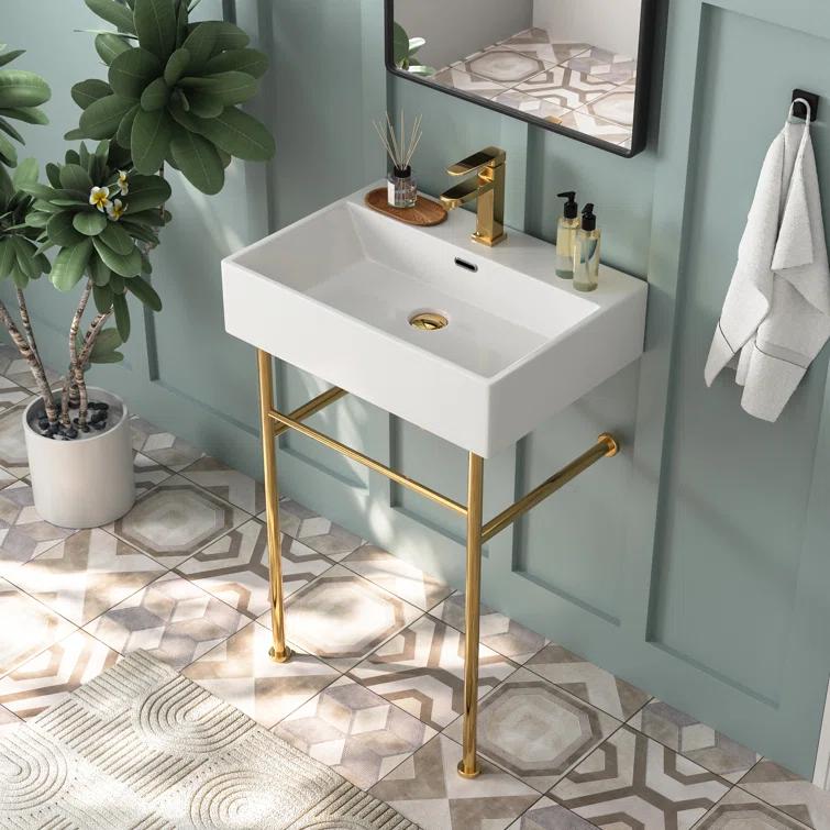 Ceramic White Rectangular Single Faucet Hole 24 in Console Bathroom Sink with Overflow