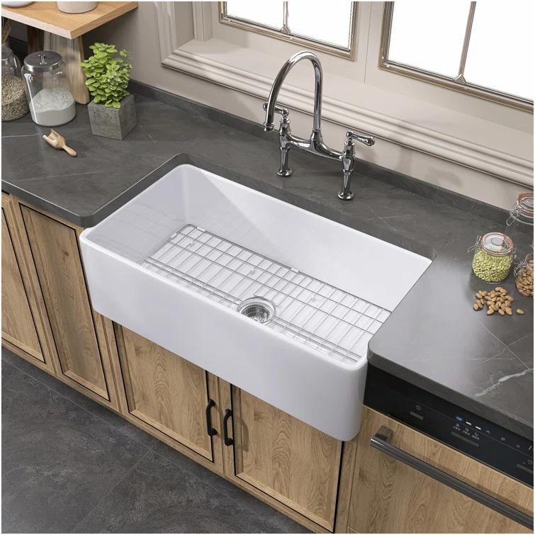 36 x 18 White Farmhouse Sink Fireclay Farm SinkApron Front Kitchen Sink Single Bowl with Accessory Kit