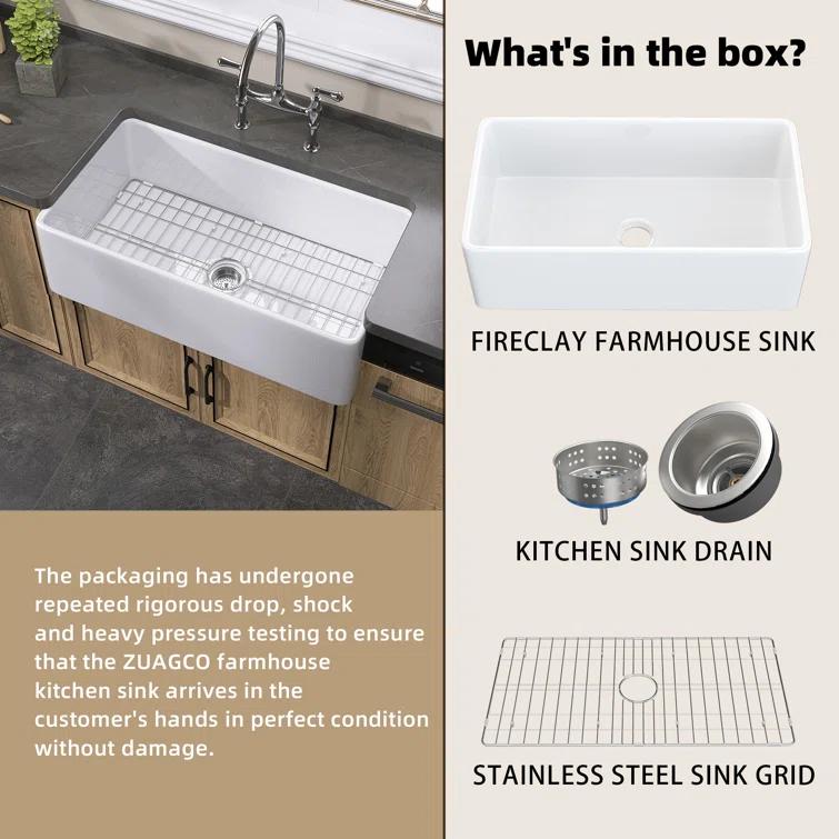 36 x 18 White Farmhouse Sink Fireclay Farm SinkApron Front Kitchen Sink Single Bowl with Accessory Kit