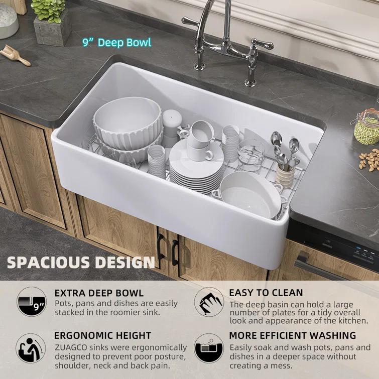 36 x 18 White Farmhouse Sink Fireclay Farm SinkApron Front Kitchen Sink Single Bowl with Accessory Kit