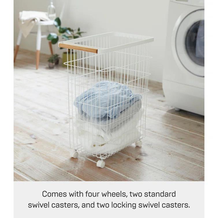 Yamazaki Home Slim Rolling Laundry Basket Hamper, Steel + Wood, 14.5 gallons, Handles, Wheels