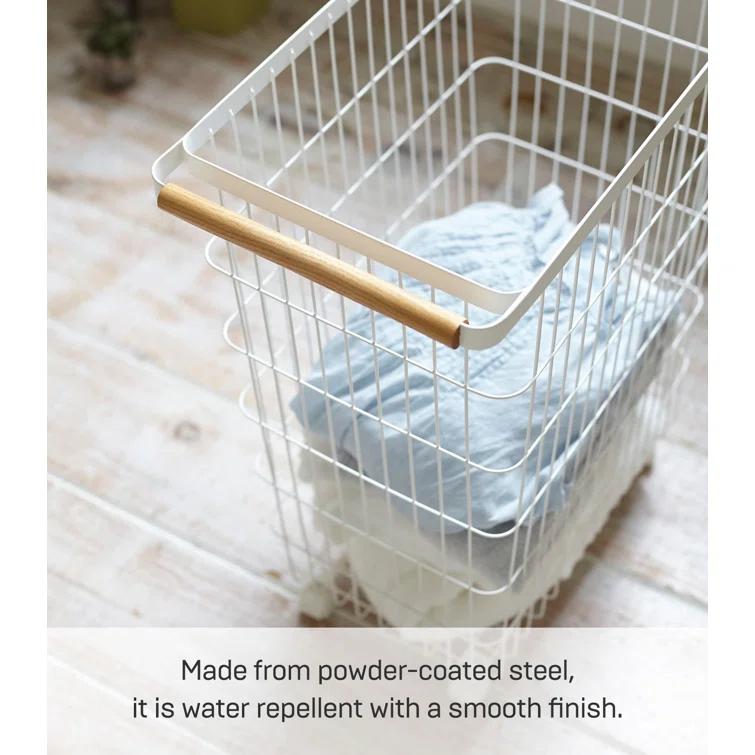 Yamazaki Home Slim Rolling Laundry Basket Hamper, Steel + Wood, 14.5 gallons, Handles, Wheels