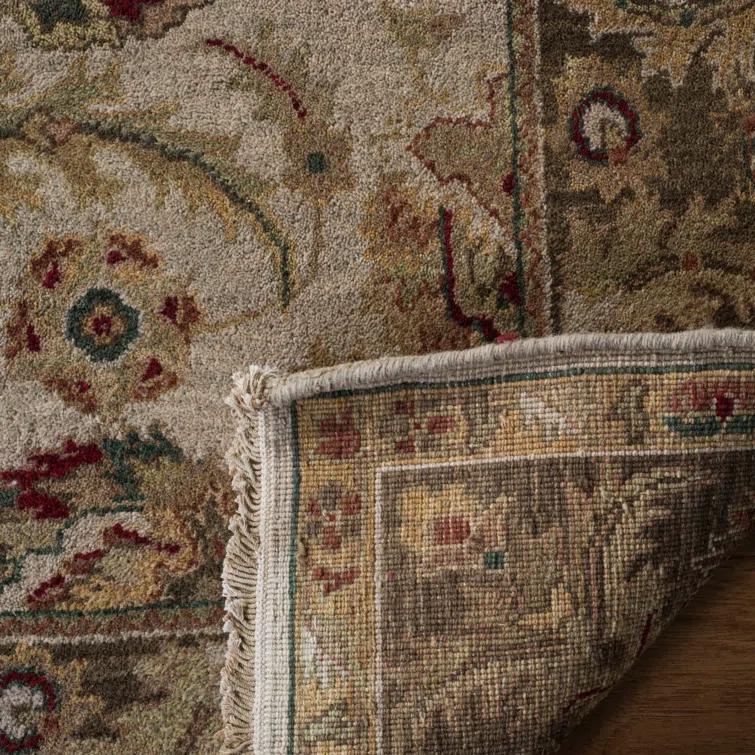 Ivory and Green Hand-Knotted Wool Oriental Rug, 6' x 9'