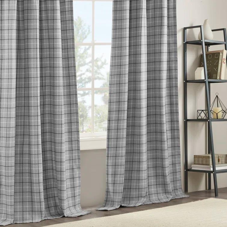 Anaheim Plaid Faux Leather Tab Top Single Curtain Panel with Fleece Lining