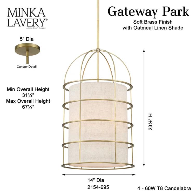 2154-695-Minka Lavery-Gateway Park - 4 Light Pendant-23.5 Inches Tall and 14 Inches Wide-Soft Brass Finish
