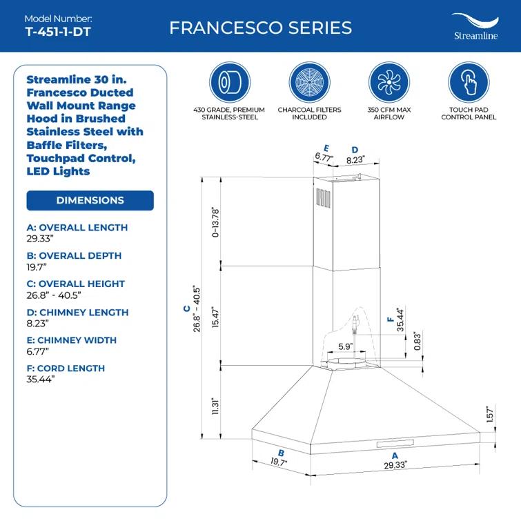 Streamline Francesco 30" 350 Cubic Feet Per Minute Ducted Wall Mount Range Hood with Baffle Filter and Light Included