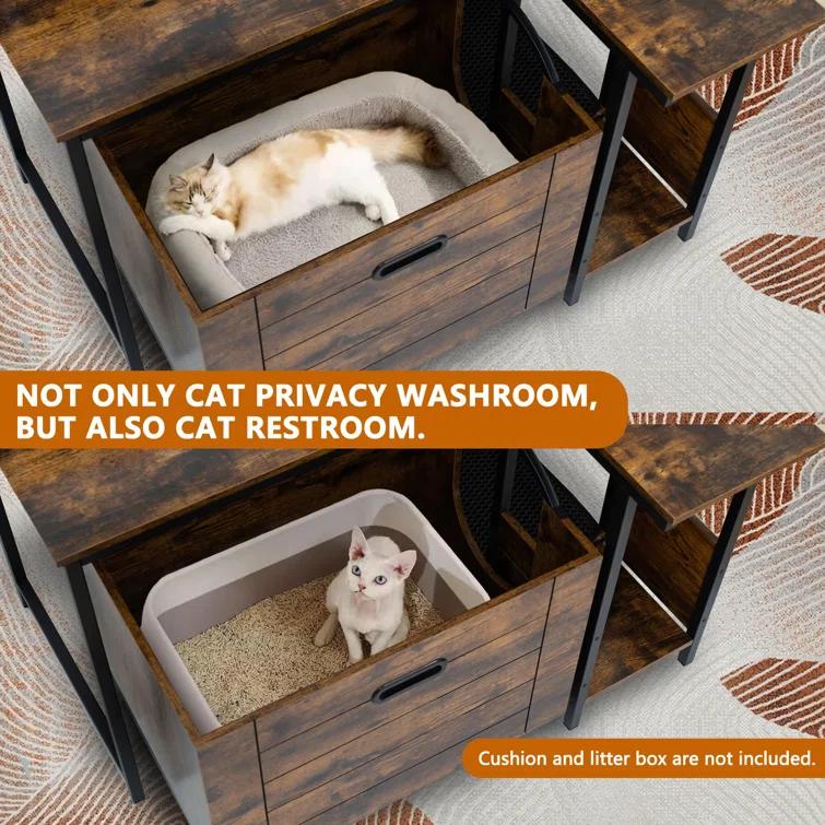 Tucker Murphy Pet™ Cat Litter Box Enclosure Furniture With Flower Stand, Corner Wooden Cat Washroom, Pullable Carring Tray, Plant Stand Hidden Litter Box Enclosure Furniture With Catch Litter, Cat House