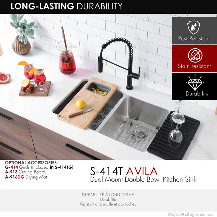 Builder STYLISH Undermount or Drop-in 29" Double Bowl 18G Stainless Steel Kitchen Sink, Avila S-414T