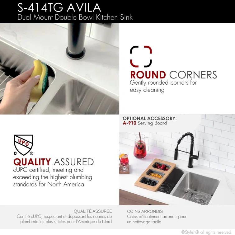 STYLISH Builder Stylish Avila 29" Dual-Mount Double Bowl Stainless Steel Kitchen Sink with Grids and Strainers S-414TG