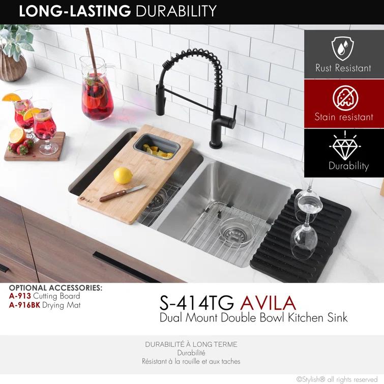 STYLISH Builder Stylish Avila 29" Dual-Mount Double Bowl Stainless Steel Kitchen Sink with Grids and Strainers S-414TG