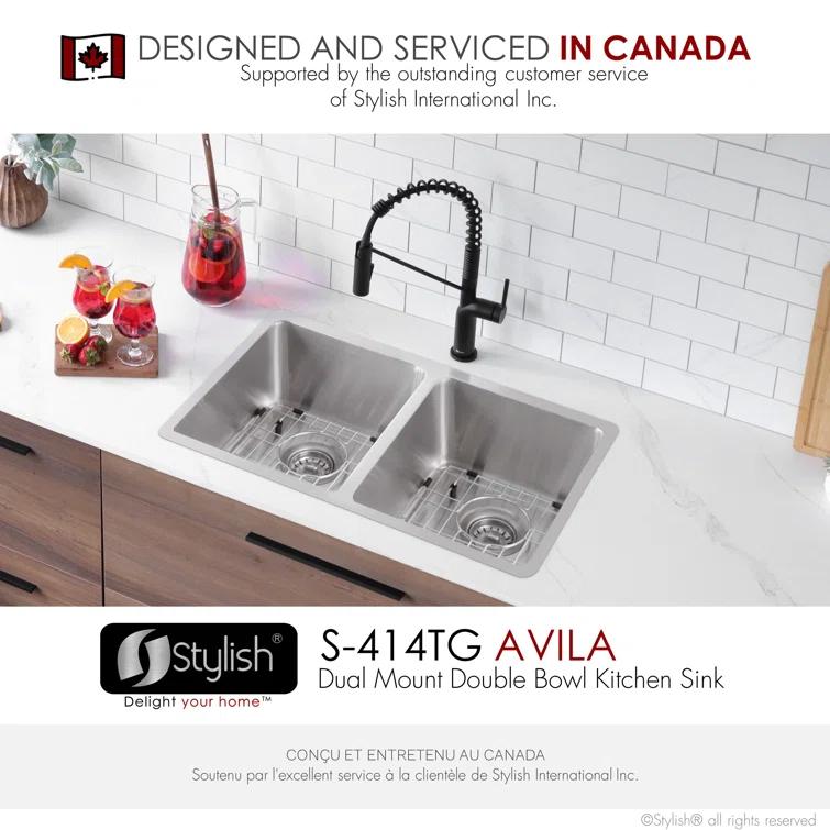 STYLISH Builder Stylish Avila 29" Dual-Mount Double Bowl Stainless Steel Kitchen Sink with Grids and Strainers S-414TG