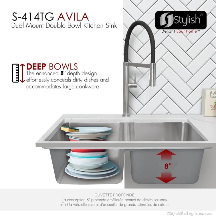 STYLISH Builder Stylish Avila 29" Dual-Mount Double Bowl Stainless Steel Kitchen Sink with Grids and Strainers S-414TG