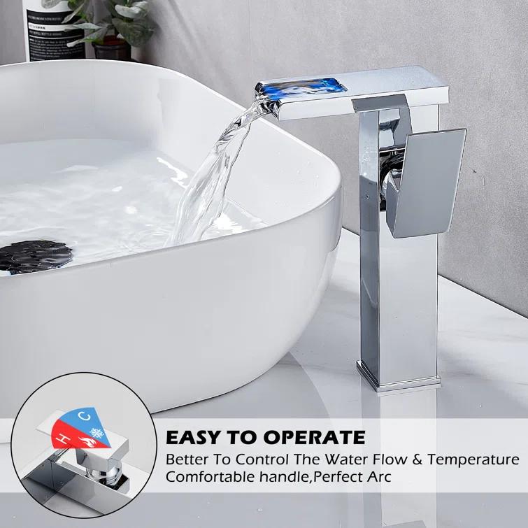YCCUZA Y217H-C Single Hole Faucet Single-handle LED Bathroom Vessel Sink Faucet with Drain Assembly