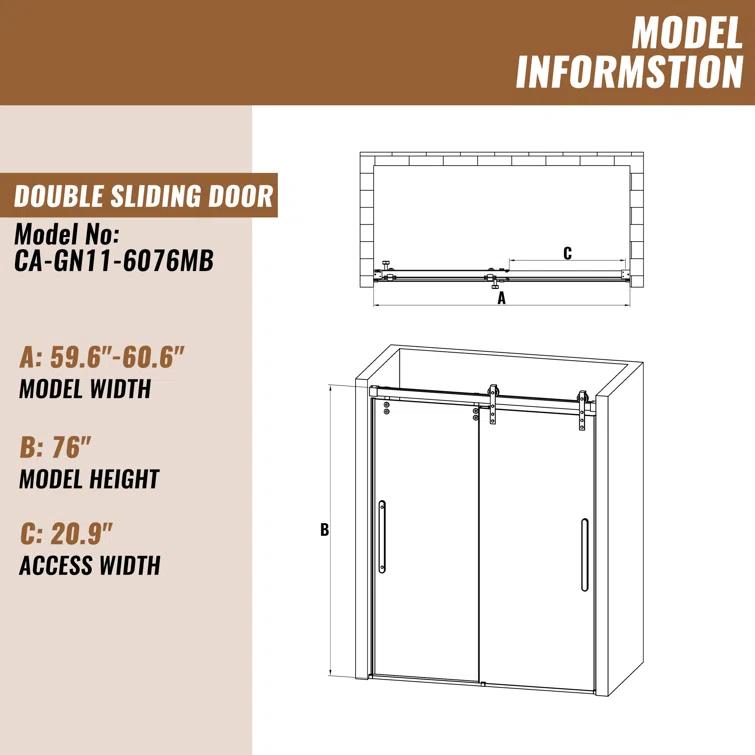 60" W x 76" H Frameless Shower Door Double Sliding 10MM Tempered Glass 304 Stainless Steel Hardware