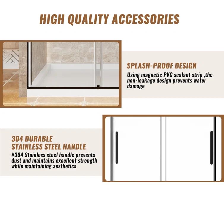 60" W x 76" H Frameless Shower Door Double Sliding 10MM Tempered Glass 304 Stainless Steel Hardware