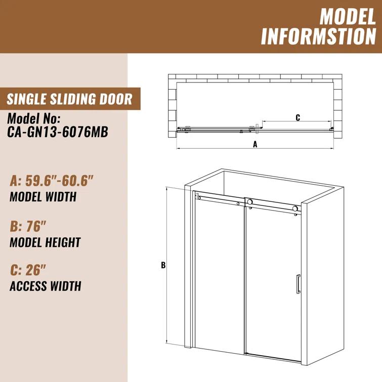 60" W x 76" H Framed Shower Door Single Sliding 10MM Tempered Glass 304 Stainless Steel Accessories