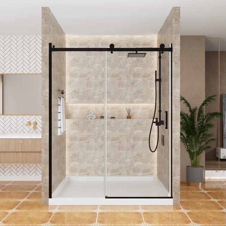 60" W x 76" H Framed Shower Door Single Sliding 10MM Tempered Glass 304 Stainless Steel Accessories