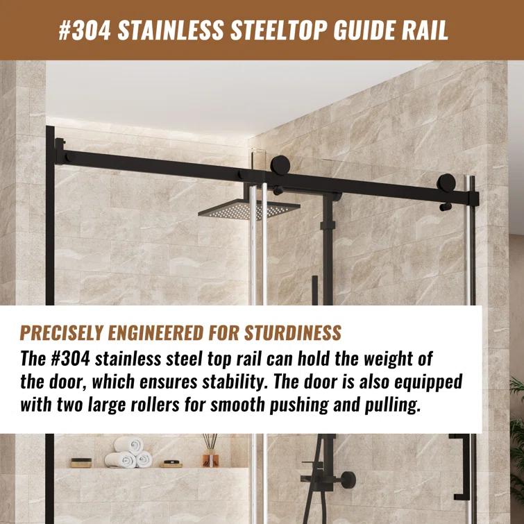 60" W x 76" H Framed Shower Door Single Sliding 10MM Tempered Glass 304 Stainless Steel Accessories