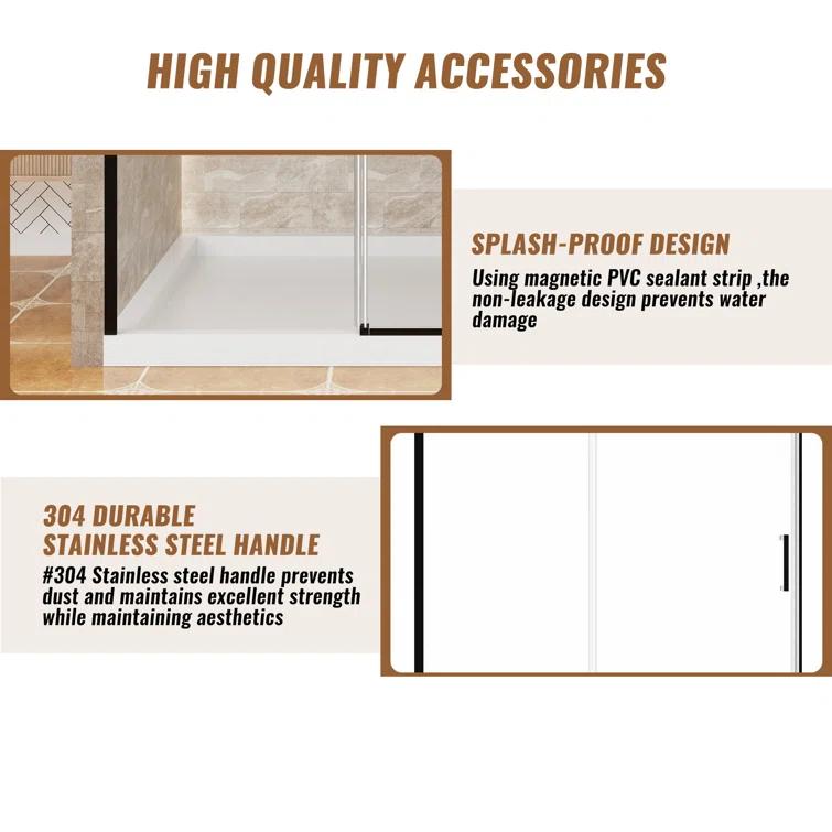 60" W x 76" H Framed Shower Door Single Sliding 10MM Tempered Glass 304 Stainless Steel Accessories