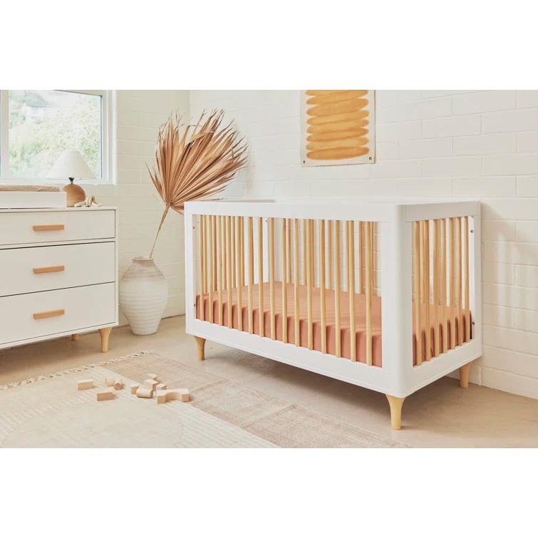 Babyletto Lolly White & Natural Wood 3-in-1 Convertible Baby Crib with Toddler Bed Conversion Kit